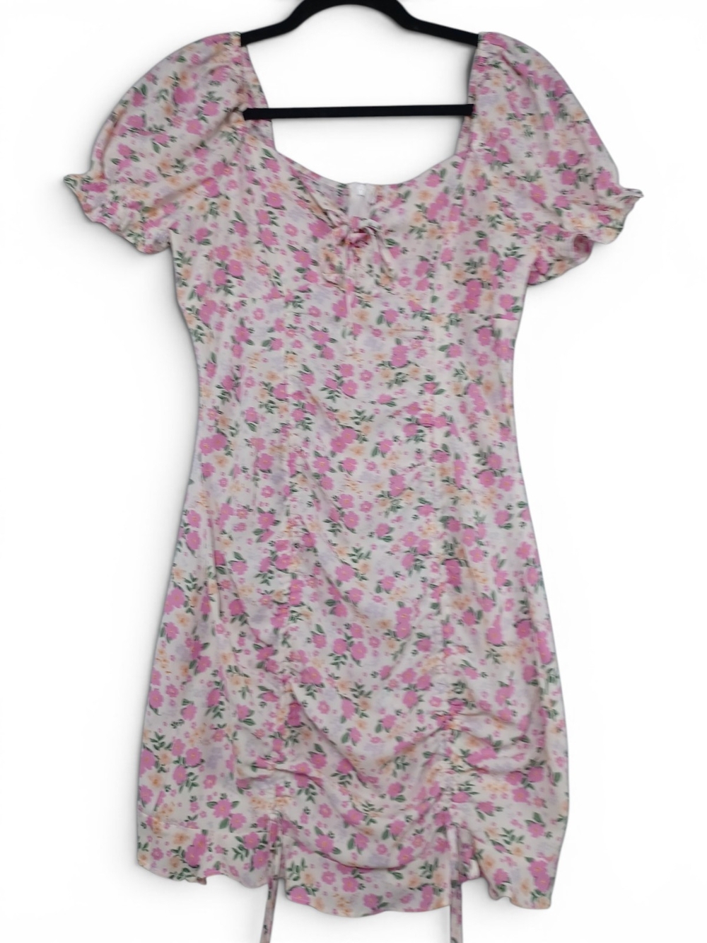 Ardene Pink Floral Adjustable Ruched Front Mini Dress Small Coquette Puff Sleeve